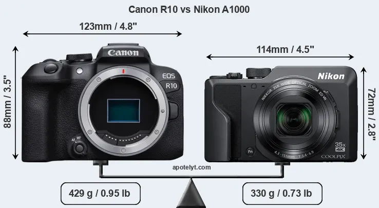 Size Canon R10 vs Nikon A1000