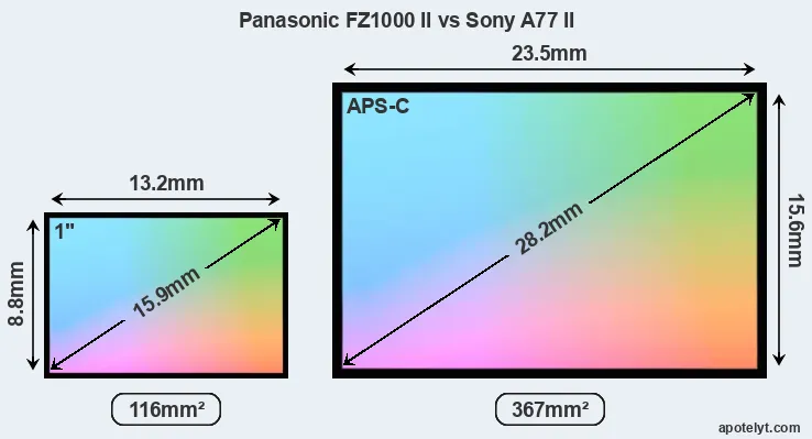Panasonic FZ1000 II and Sony A77 II sensor measures